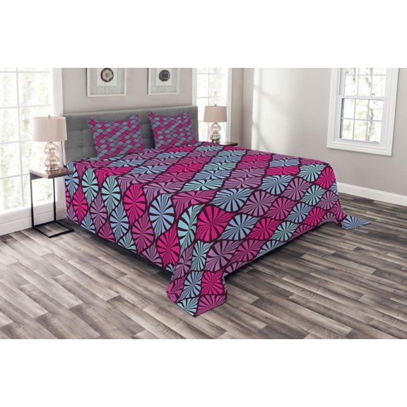 Ambesonne Geometric Quilted Bedspread Set 3 Pcs, Motif, Queen Size, Aqua Magenta Violet