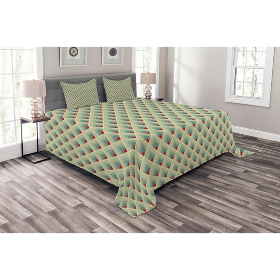 Ambesonne Geometric Quilted Bedspread Set 3 Pcs, Mountain Shape Art, King Size, Pale Green Red Ivory
