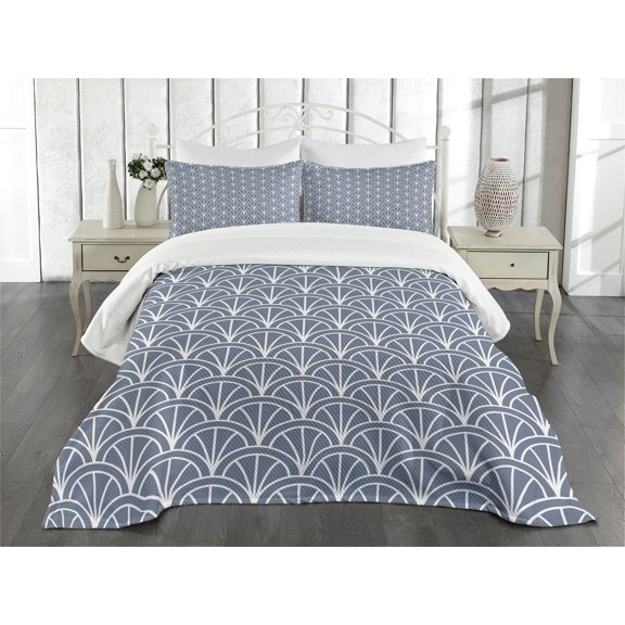Ambesonne Geometric Quilted Bedspread Set 3 Pcs, Nautical Wave Pattern, Queen Size, Grey White