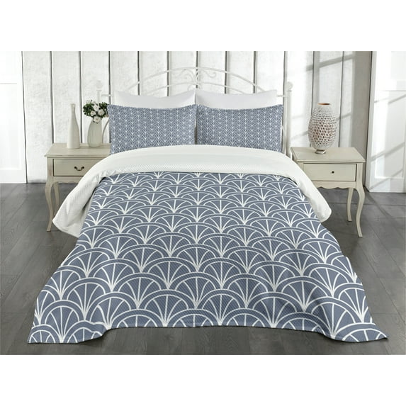 Ambesonne Geometric Quilted Bedspread Set 3 Pcs, Nautical Wave Pattern, Queen Size, Grey White