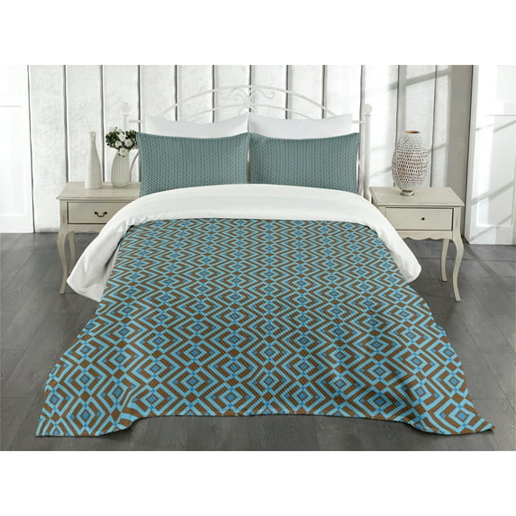 Ambesonne Geometric Quilted Bedspread Set 3 Pcs, Nested Square Pattern, Queen Size, Brown and Sky Blue