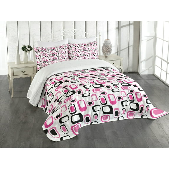Ambesonne Geometric Quilted Bedspread Set 3 Pcs, Old Fashioned Style, Queen Size, Pink White Black