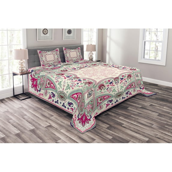 Ambesonne Geometric Quilted Bedspread Set 3 Pcs, Ornamental Square, King Size, Pale Green Navy Blue