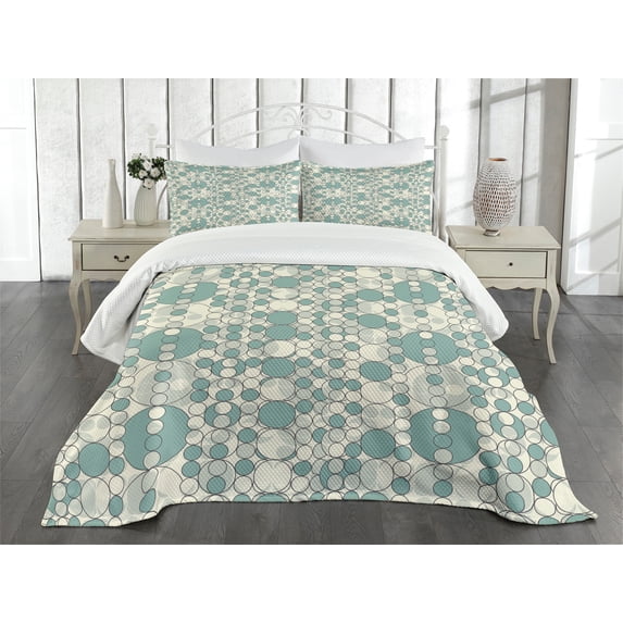 Ambesonne Geometric Quilted Bedspread Set 3 Pcs, Pale Toned Lattice, Queen Size, Pale Teal Beige