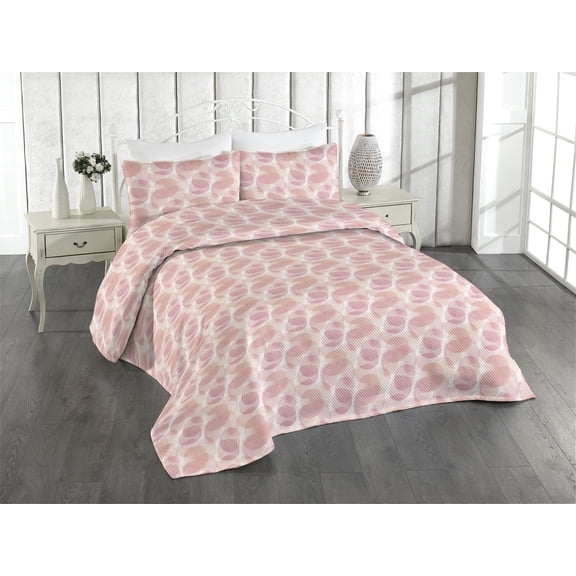 Ambesonne Geometric Quilted Bedspread Set 3 Pcs, Pastel Hues Circular Art, Queen, Blush and Rose