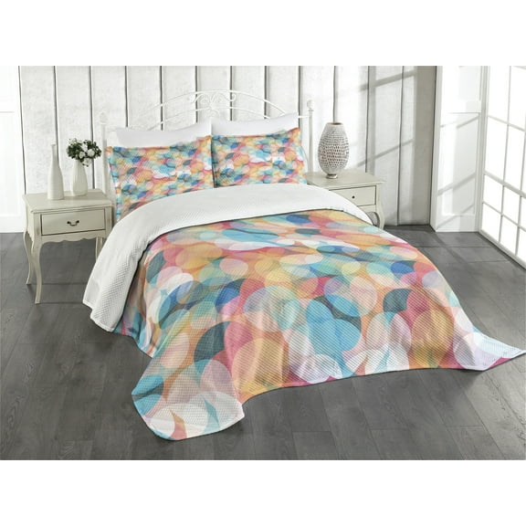 Ambesonne Geometric Quilted Bedspread Set 3 Pcs, Pastel Mosaic Circles, King Size, Peach Coral Blue
