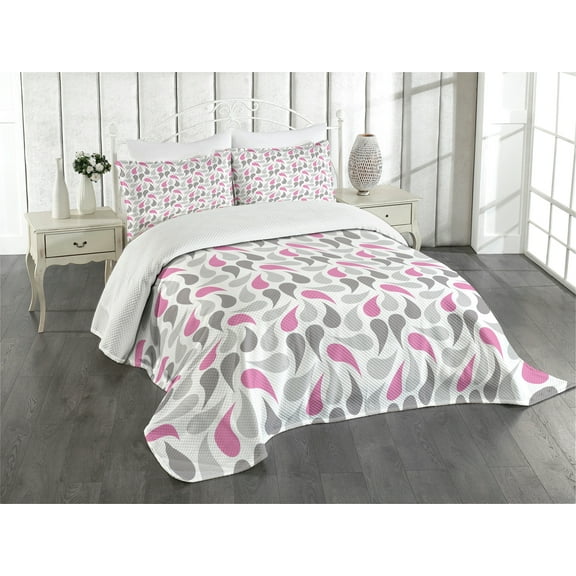 Ambesonne Geometric Quilted Bedspread Set 3 Pcs, Persian Teardrop, Queen Size, Pink Grey White