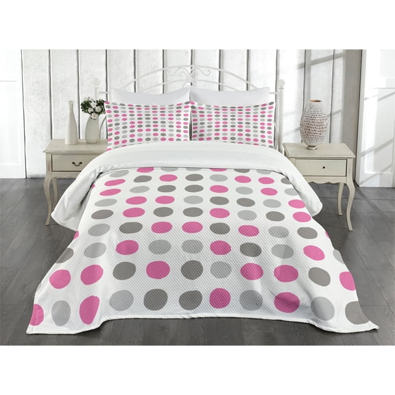Ambesonne Geometric Quilted Bedspread Set 3 Pcs, Polka Dots Motifs, Queen Size, White Grey Pink