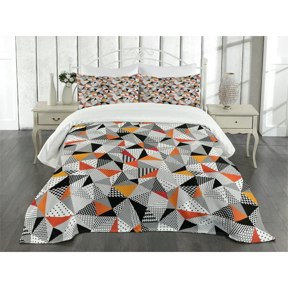 Ambesonne Geometric Quilted Bedspread Set 3 Pcs, Polygonal Modern Art, Queen Size, Orange Black White