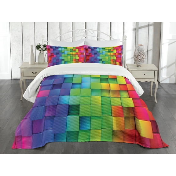 Ambesonne Geometric Quilted Bedspread Set 3 Pcs, Rainbow Color, King Size, Multicolor