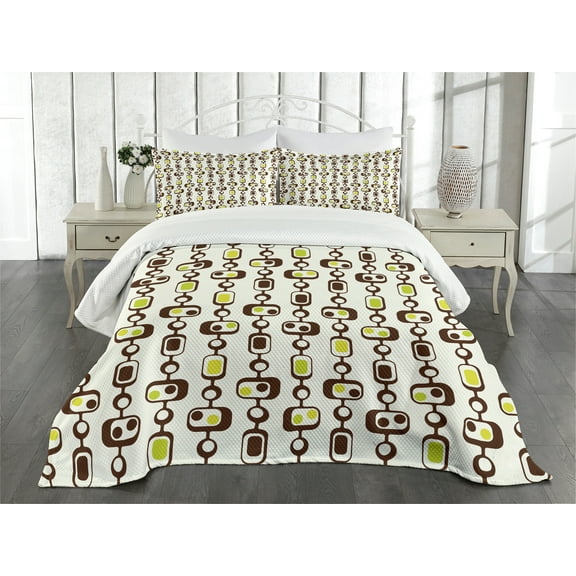 Ambesonne Geometric Quilted Bedspread Set 3 Pcs, Rectangle Elements, King Size, Brown Apple Green
