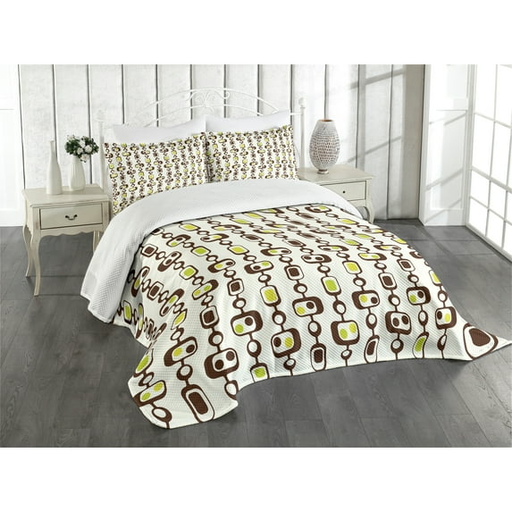 Ambesonne Geometric Quilted Bedspread Set 3 Pcs, Rectangle Elements, Queen Size, Brown Apple Green
