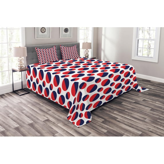 Ambesonne Geometric Quilted Bedspread Set 3 Pcs, Red Circles Rounds, Queen Size, Navy Blue Red and White