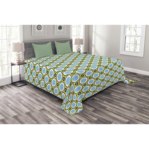 Ambesonne Geometric Quilted Bedspread Set 3 Pcs, Retro Circle and Dots, King Size, Yellow Green Blue Black