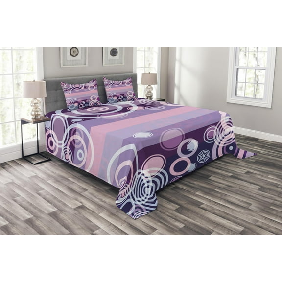 Ambesonne Geometric Quilted Bedspread Set 3 Pcs, Rounds Bold Borders, Queen Size, Hot Pink Magenta
