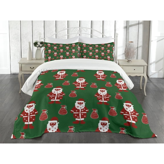Ambesonne Geometric Quilted Bedspread Set 3 Pcs, Santa Claus Present, King Size, Green Ruby White
