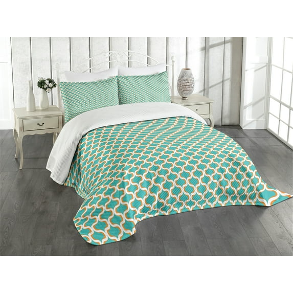 Ambesonne Geometric Quilted Bedspread Set 3 Pcs, Seventies Retro Form, King Size, Orange White Teal