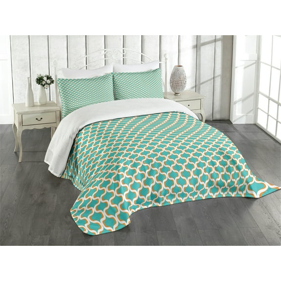 Ambesonne Geometric Quilted Bedspread Set 3 Pcs, Seventies Retro Form, Queen Size, Orange White Teal