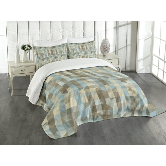 Ambesonne Geometric Quilted Bedspread Set 3 Pcs, Soft Vertical Line Design, Queen Size, Tan Cream Pale Blue
