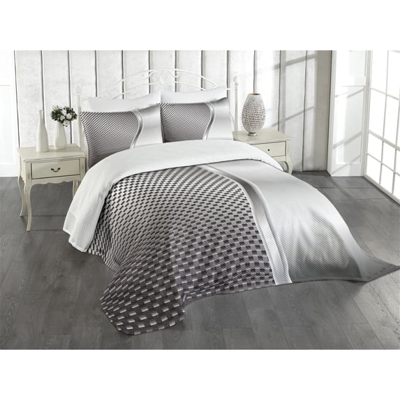 Ambesonne Geometric Quilted Bedspread Set 3 Pcs, Square Shaped Grids, Queen Size, Grey