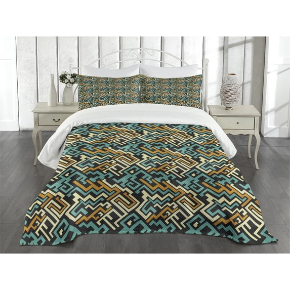 Ambesonne Geometric Quilted Bedspread Set 3 Pcs, Surreal Future Lines, Queen Size, Pale Yellow Turquoise