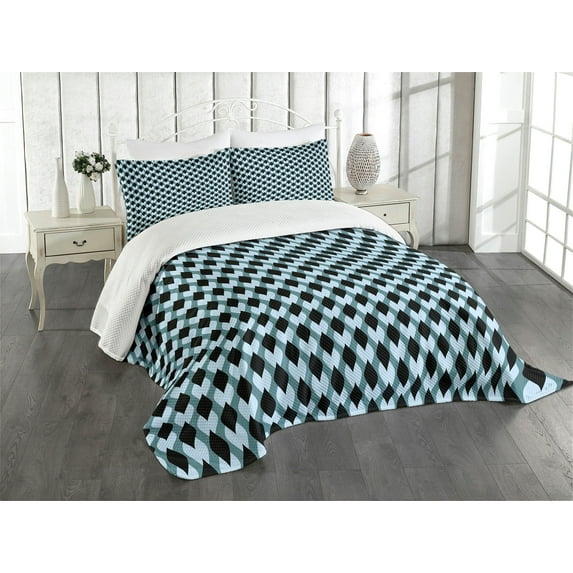 Ambesonne Geometric Quilted Bedspread Set 3 Pcs, Surreal Leaf Pattern, King Size, Slate Blue Black