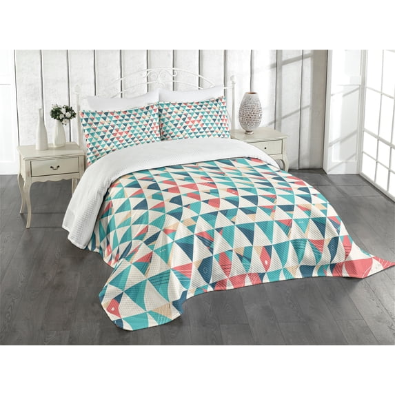 Ambesonne Geometric Quilted Bedspread Set 3 Pcs, Triangle Hexagons, King Size, Turquoise Teal Coral
