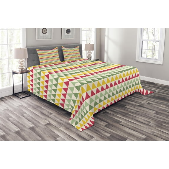 Ambesonne Geometric Quilted Bedspread Set 3 Pcs, Triangles Colorful, King Size, Dark Coral Pale Green