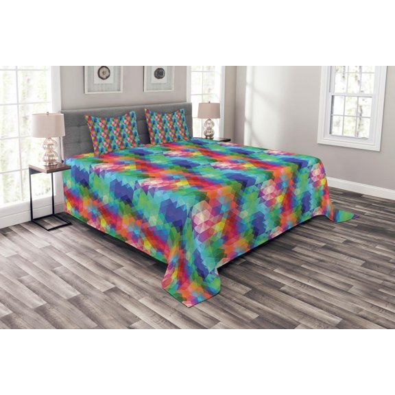 Ambesonne Geometric Quilted Bedspread Set 3 Pcs, Triangles, King Size, Multicolor