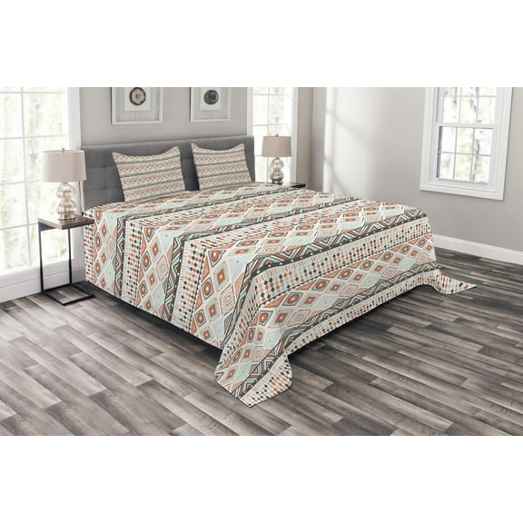 Ambesonne Geometric Quilted Bedspread Set 3 Pcs, Tribal, King Size, Orange Mint Grey