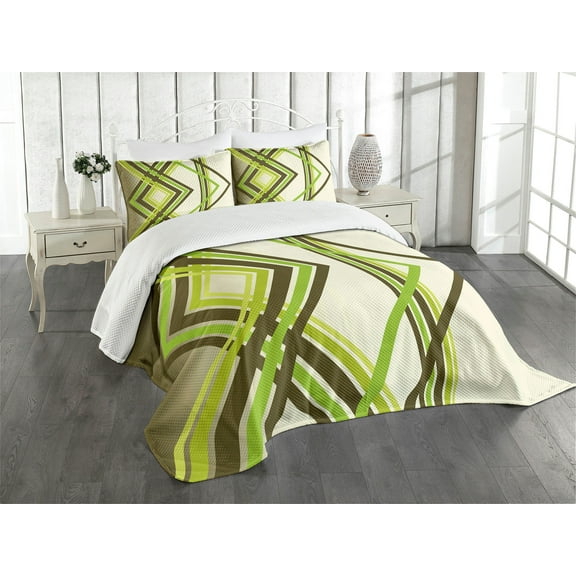 Ambesonne Geometric Quilted Bedspread Set 3 Pcs, Trippy Diamond Shapes, King Size, Lime Green Army Green