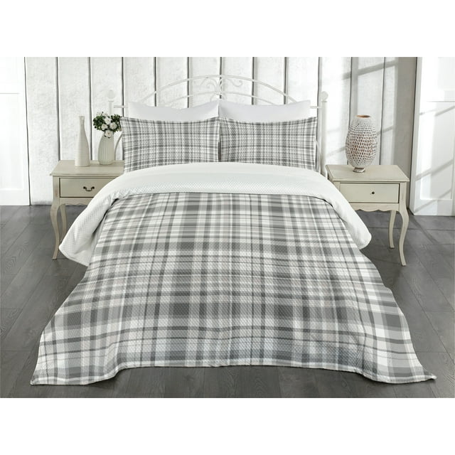 Ambesonne Geometric Quilted Bedspread Set 3 Pcs, Vertical Line Square, King Size, Grey White