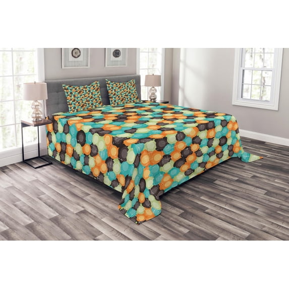 Ambesonne Geometric Quilted Bedspread Set 3 Pcs, Vibrant Toned Circles, King Size, Multicolor