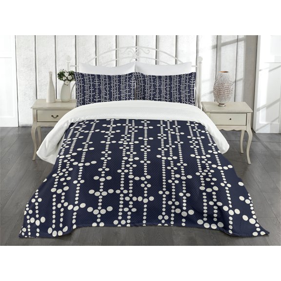 Ambesonne Geometric Quilted Bedspread Set 3 Pcs, Vintage Japanese, Queen Size, Dark Blue Cream