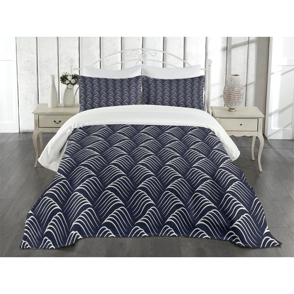 Ambesonne Geometric Quilted Bedspread Set 3 Pcs, Vintage Ocean Waves, Queen Size, Dark Blue Cream