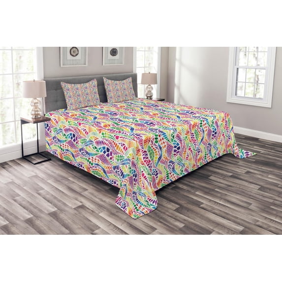 Ambesonne Geometric Quilted Bedspread Set 3 Pcs, Vivid Mosaic, Queen Size, Multicolor