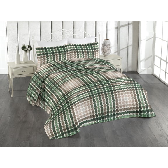 Ambesonne Geometric Quilted Bedspread Set 3 Pcs, Wave Pattern Cottagecore, Queen, Jade Green Pale Salmon