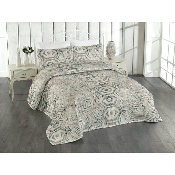 Ambesonne Geometric Quilted Bedspread Set 3 Pcs, Weathered Look Grunge Art, Twin, Teal Pale Grey Warm Taupe