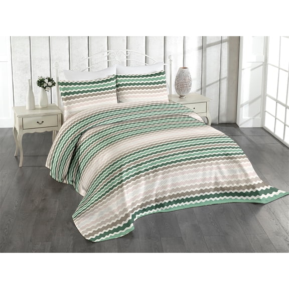 Ambesonne Geometric Quilted Coverlet 2 Pcs, Abstract Wave Pattern Art, Twin Size, Dried Rose and Jade Green