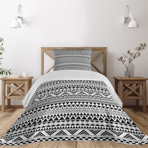 Ambesonne Geometric Quilted Coverlet 2 Pcs, Aztec Inspired Shapes, Twin Size, Charcoal Grey White