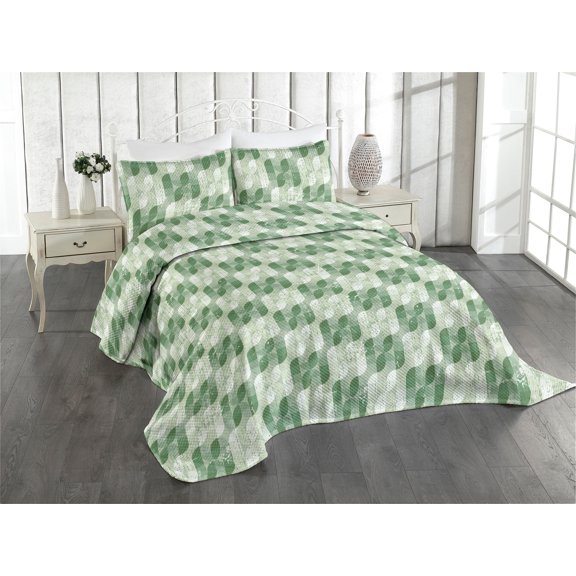 Ambesonne Geometric Quilted Coverlet 2 Pcs, Grunge Whimsical Pattern, Twin Size, Fern Green Khaki and White