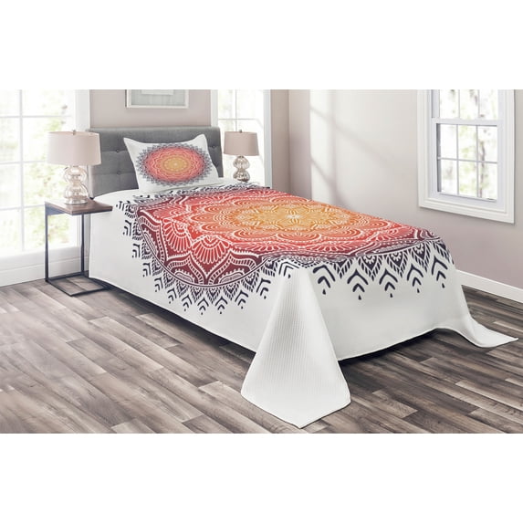 Ambesonne Geometric Quilted Coverlet 2 Pcs, Mandala Orient Heart, Twin Size, Multicolor