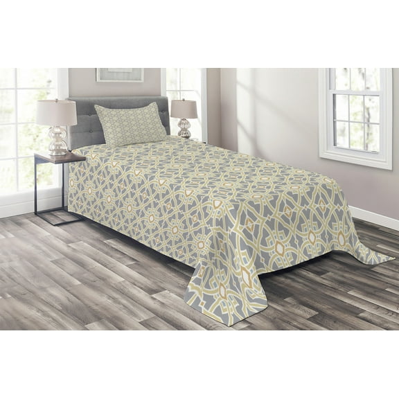 Ambesonne Geometric Quilted Coverlet 2 Pcs, Moroccan Floral Art, Twin Size, Taupe Pale Yellow