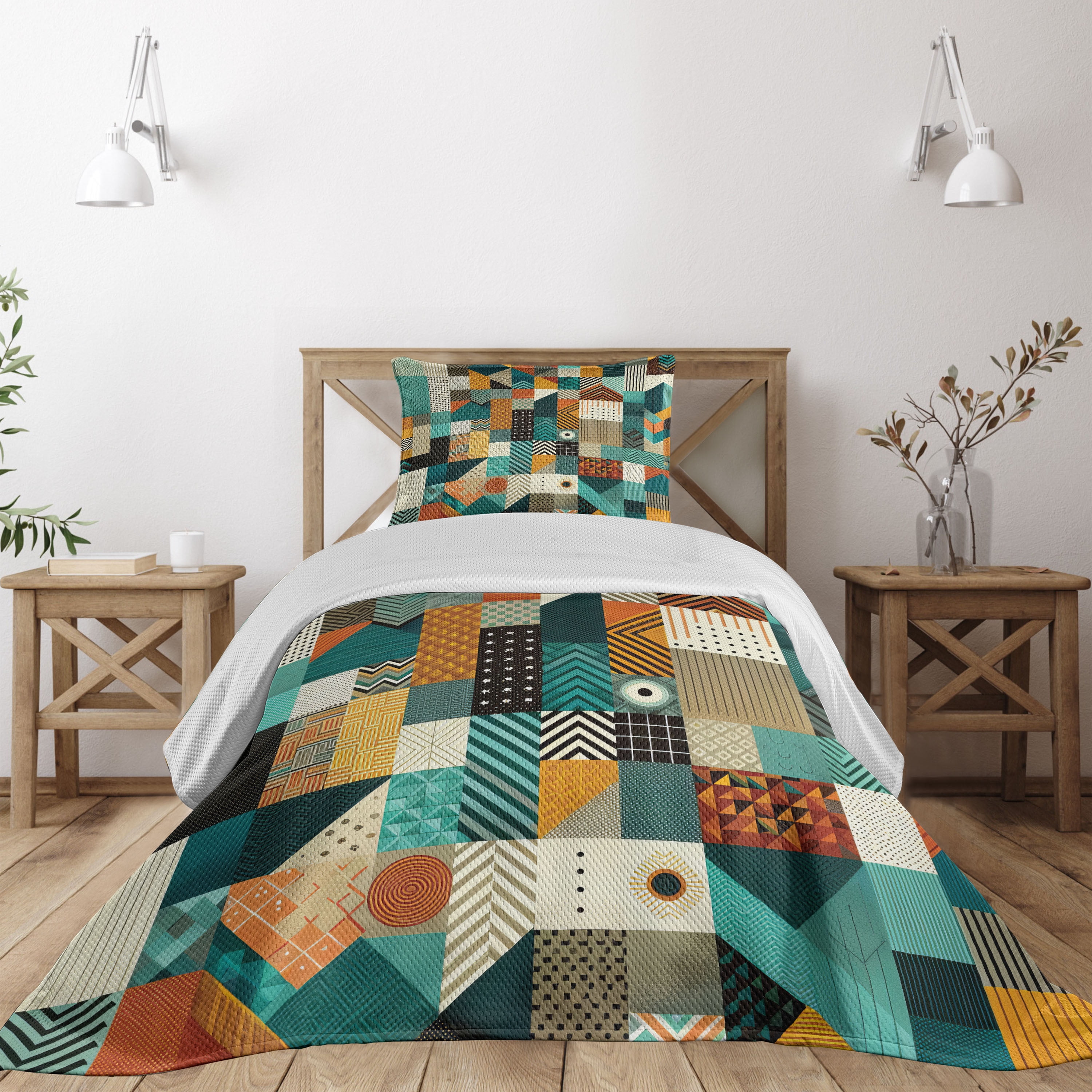 Twin Blue and Orange Geometric Patchwork Coverlet Set