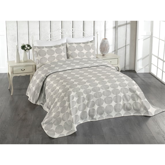 Ambesonne Geometric Quilted Coverlet 2 Pcs, Round Pattern with Stripe, Twin Size, Pearl Charcoal Grey