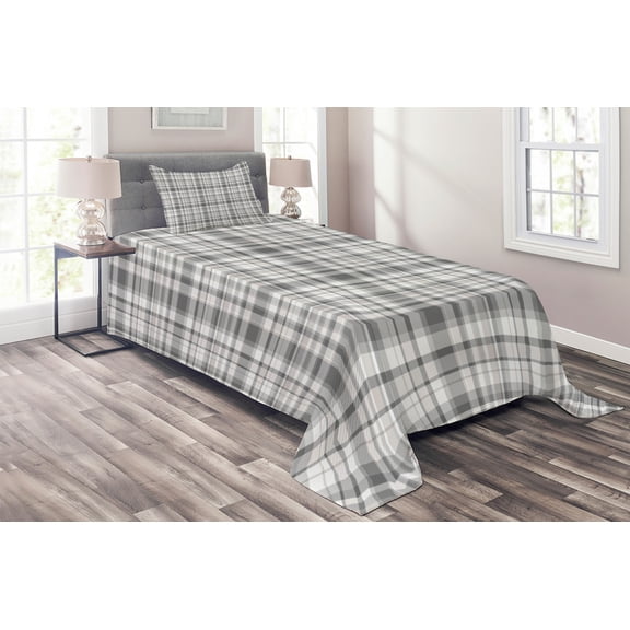 Ambesonne Geometric Quilted Coverlet 2 Pcs, Vertical Line Square, Twin Size, Grey White