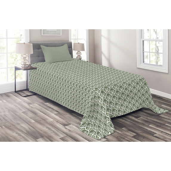 Ambesonne Geometric Quilted Coverlet 2 Pcs, Vintage Rhombus Stripes, Twin Size, Pale Sage Green