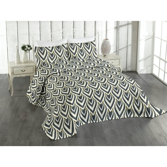 Ambesonne Geometric Quilted Coverlet 3 Pcs, Abstract Boho Ethnic Leaf, King Size, Charcoal Grey and Mustard