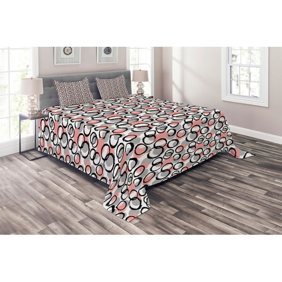Ambesonne Geometric Quilted Coverlet 3 Pcs, Brushstroke Circle Art, King Size, Blush Grey