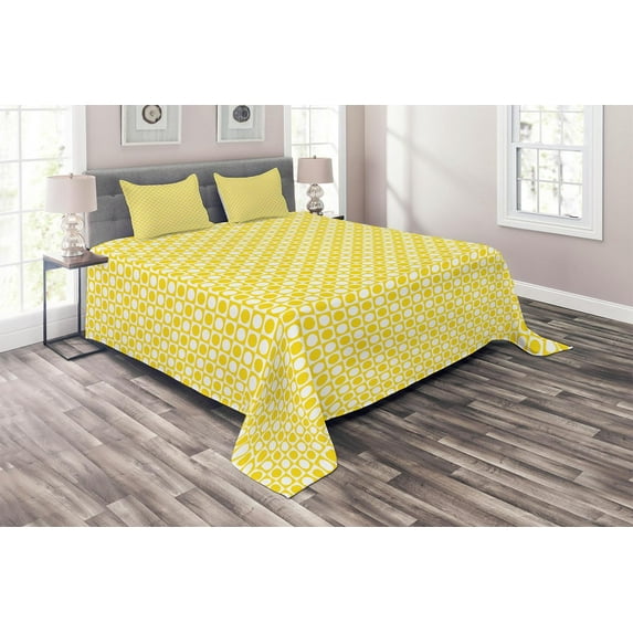 Ambesonne Geometric Quilted Coverlet 3 Pcs, Circles Geometric Art, King Size, Yellow and White